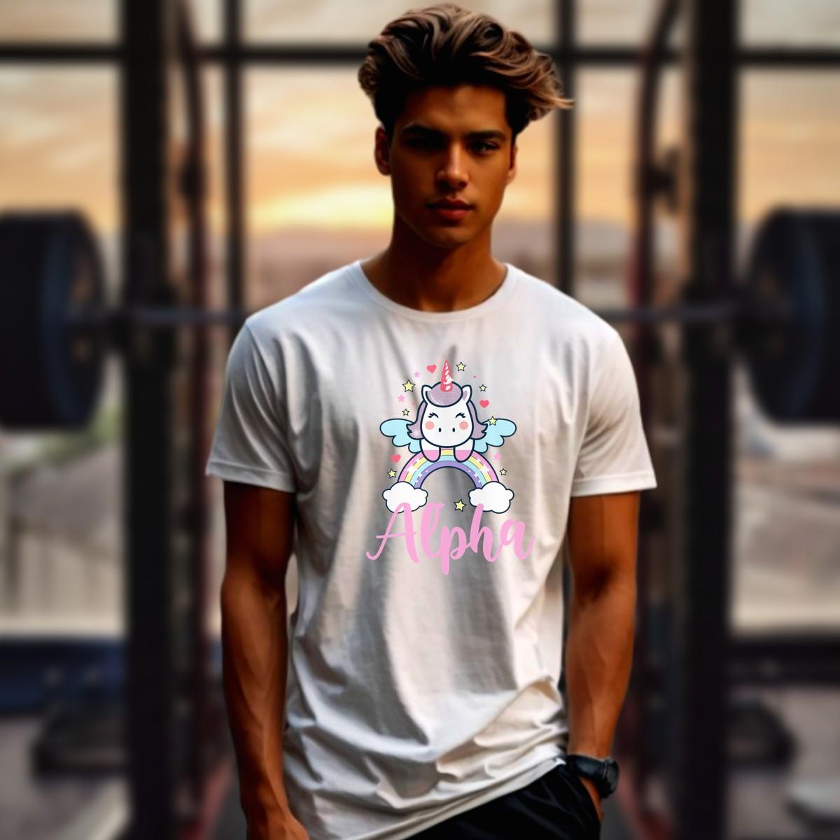 "Colorful Alpha T-shirt featuring a cute unicorn, rainbows, and sparkling stars, perfect for gym workouts and showcasing individuality."