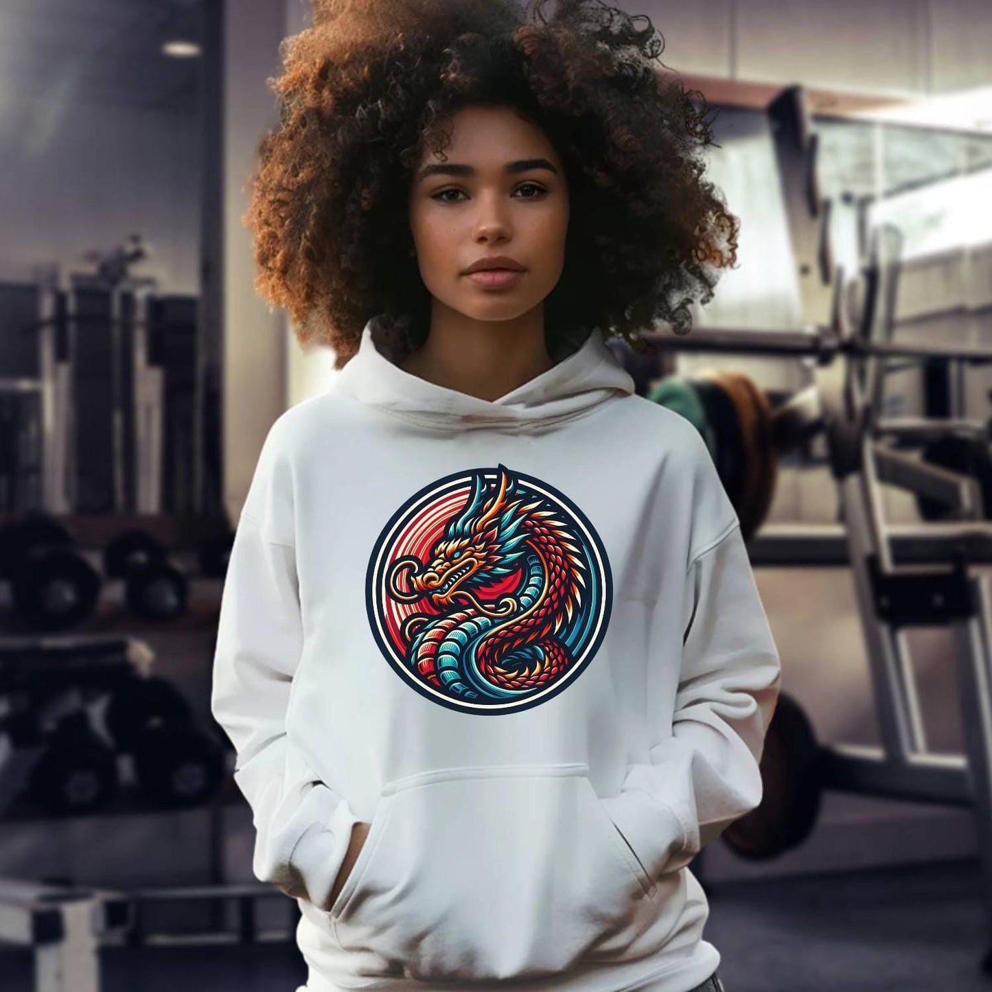 Alt text: "Vibrant Dragon Emblem Hoodie featuring a fierce dragon graphic, perfect for gym workouts or casual outings, showcasing strength and style."