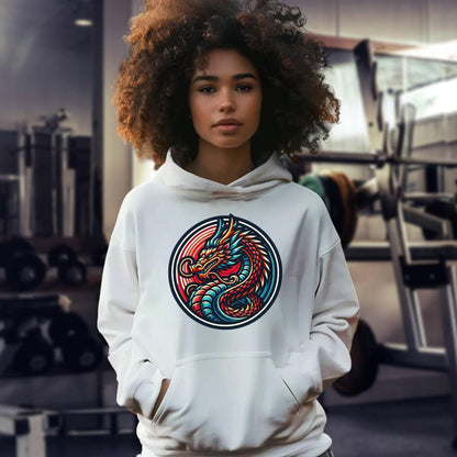 Alt text: "Vibrant Dragon Emblem Hoodie featuring a fierce dragon graphic, perfect for gym workouts or casual outings, showcasing strength and style."