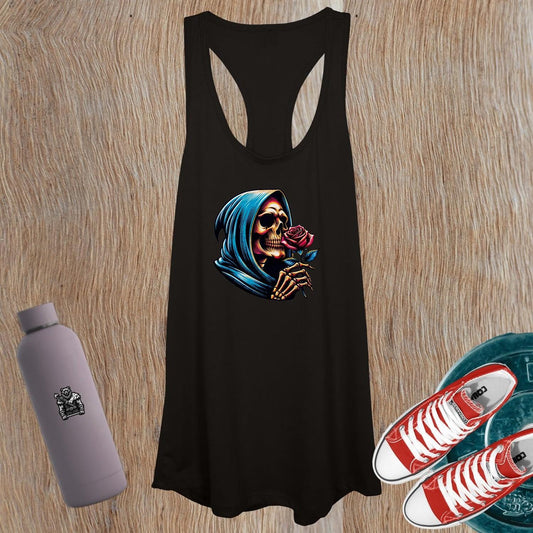"Women's tank top with bold skull and rose design, perfect for gym wear or casual outings, offering style, comfort, and mobility."