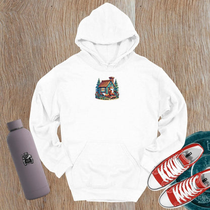 Vibrant gym hoodie featuring a playful fox against a cozy cabin backdrop, perfect for workouts or casual outings. Embrace style!