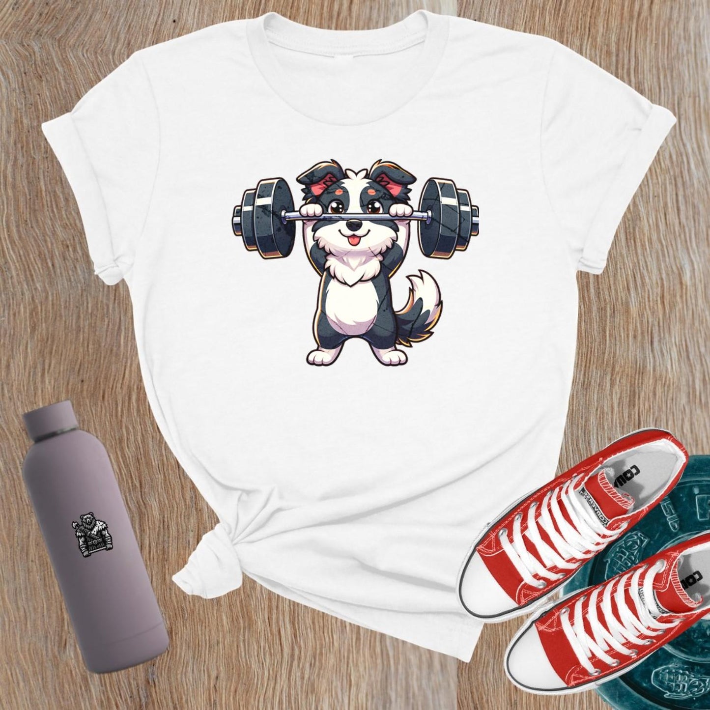 "Adorable 'Lift Like a Pup' T-Shirt featuring a playful dog lifting weights, perfect for women who love fitness and motivation."