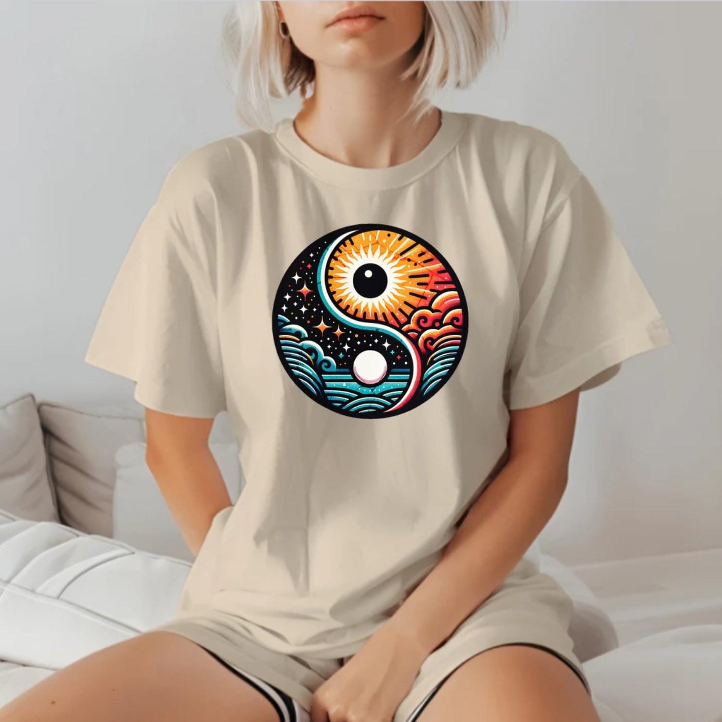 "Dynamic yin-yang graphic T-shirt for workouts, symbolizing balance and strength. Perfect for lifting or yoga, showcasing fitness style."