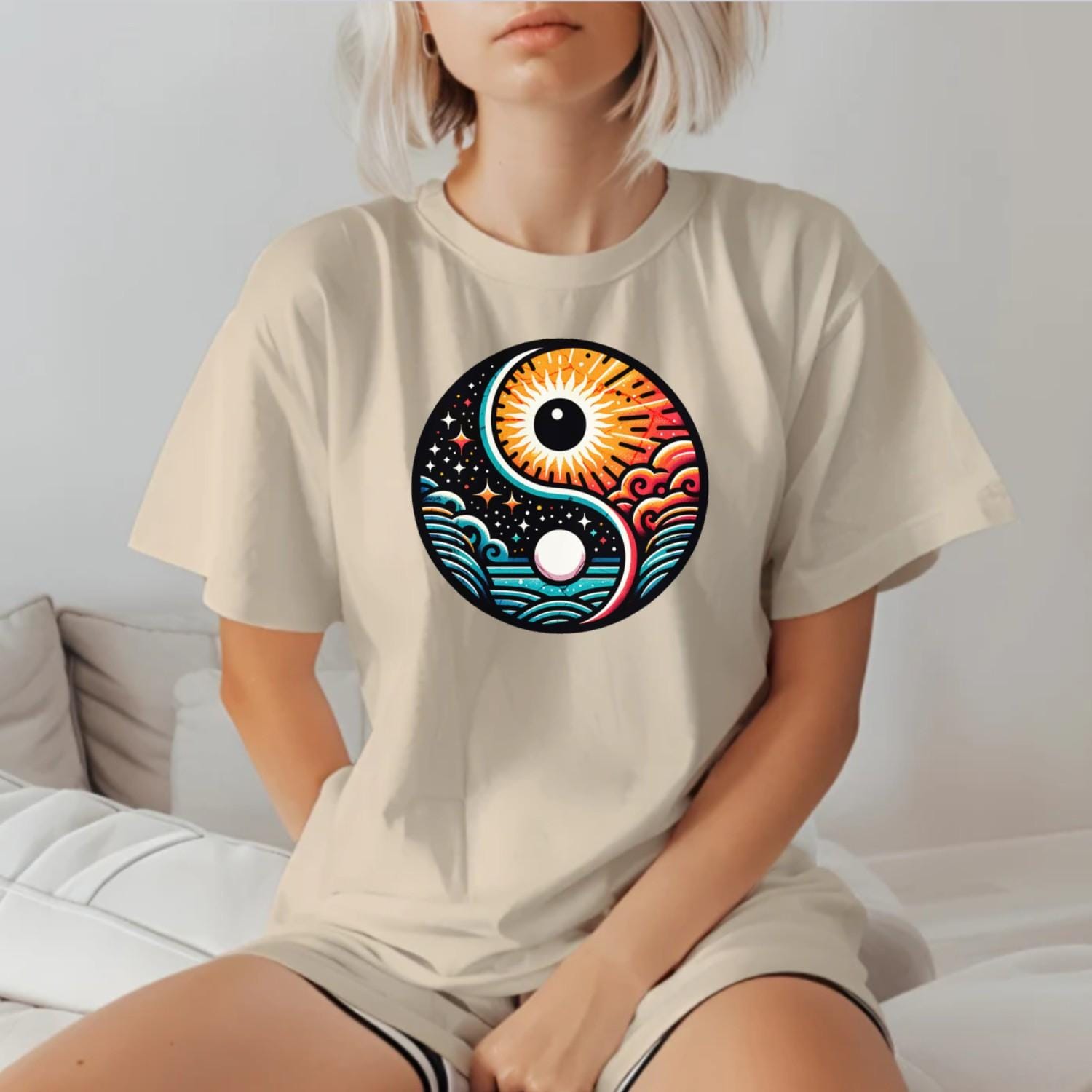"Dynamic yin-yang graphic T-shirt for workouts, symbolizing balance and strength. Perfect for lifting or yoga, showcasing fitness style."
