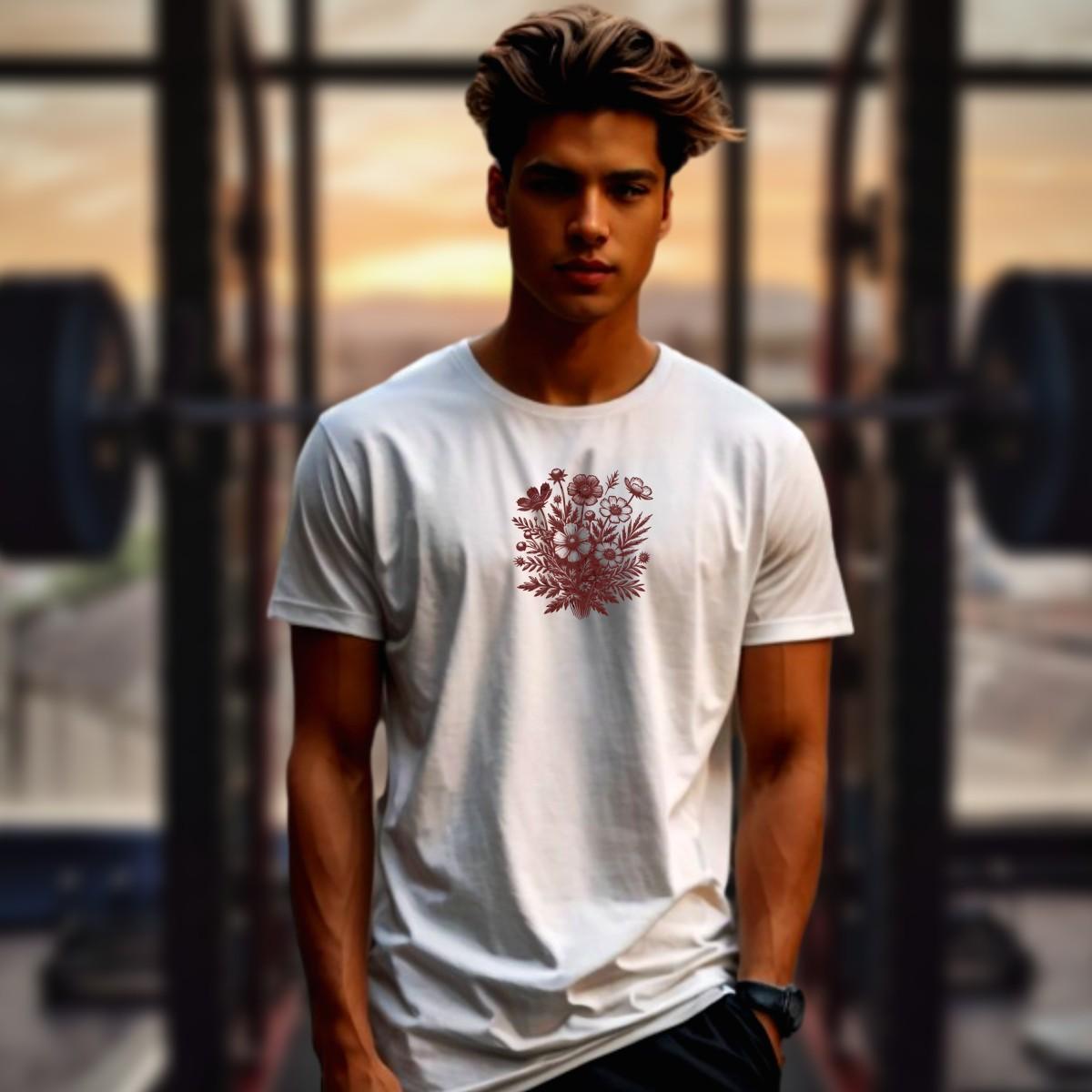 "Floral gym T-shirt featuring vibrant blooms on a sleek black background, perfect for workouts or casual outings. Stylish fitness wear."