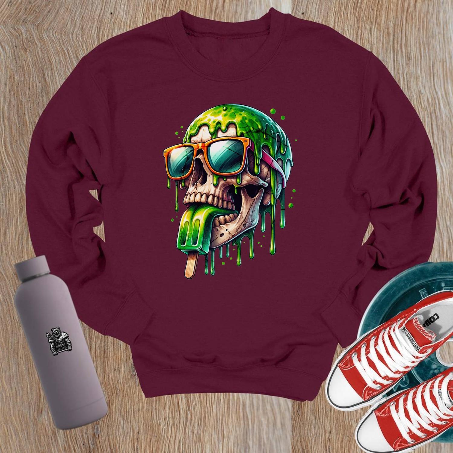 "Edgy crewneck sweatshirt with skull graphic in sunglasses and dripping popsicle, perfect for gym and casual wear, relaxed fit."