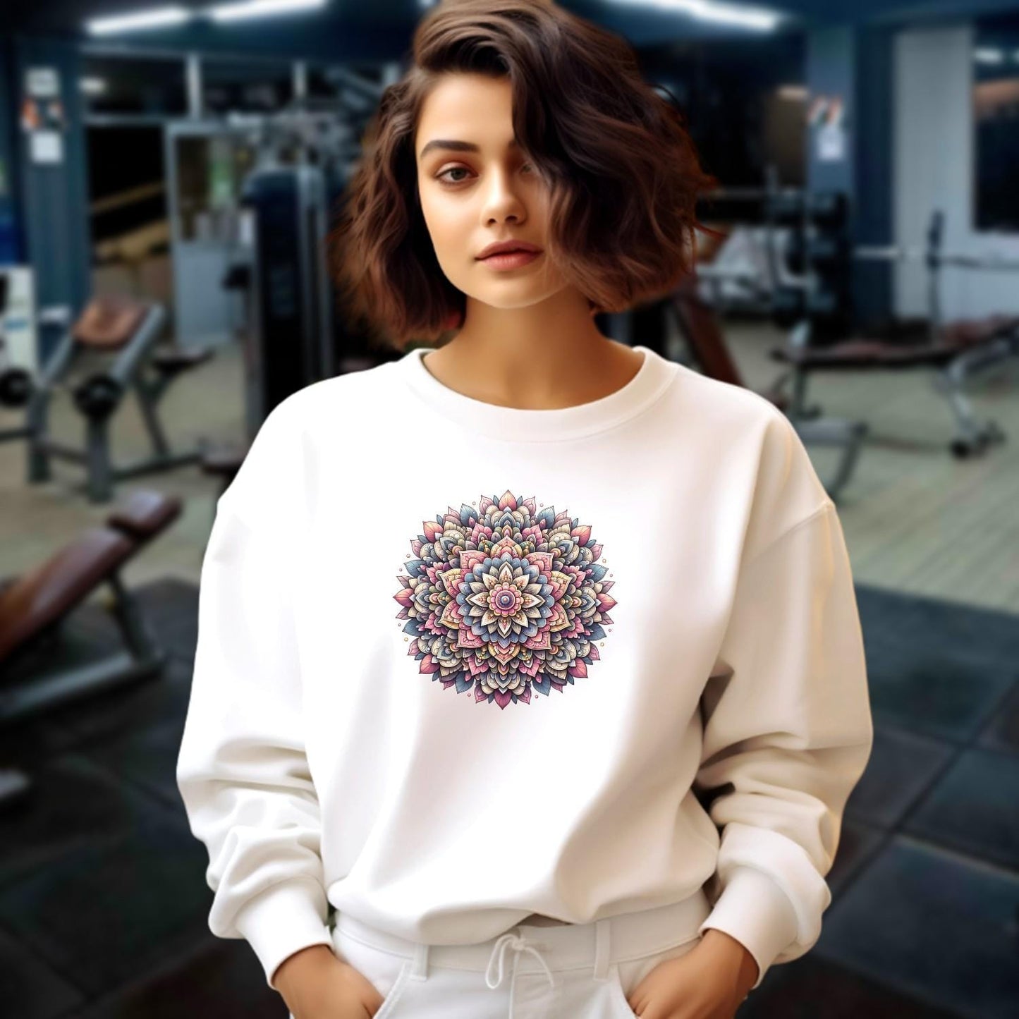 "Vibrant mandala design sweatshirt, perfect for gym workouts and casual outings, showcasing creativity, motivation, and unique style."