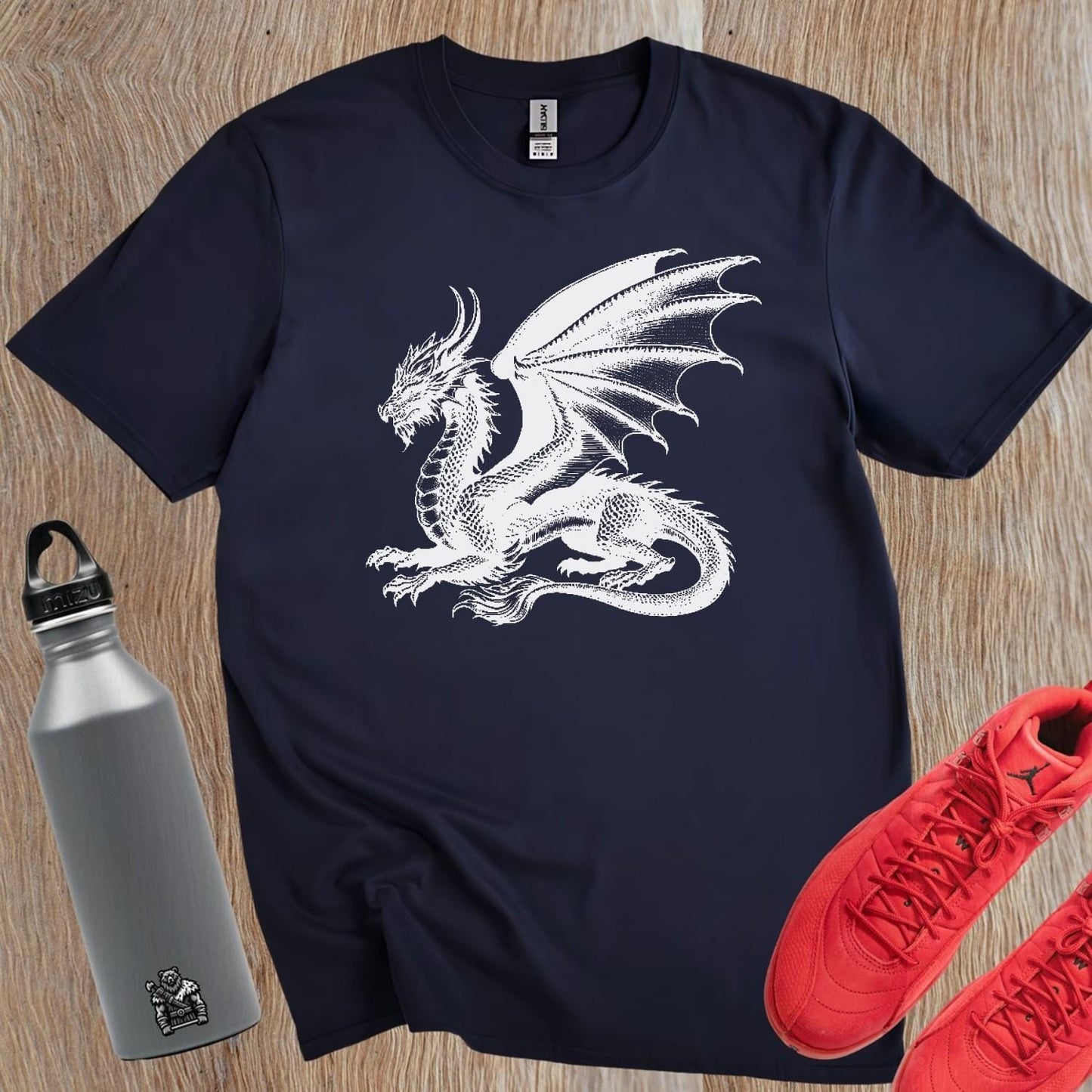 "Epic dragon design T-shirt featuring a fierce graphic, perfect for gym enthusiasts and casual wear, showcasing strength and determination."
