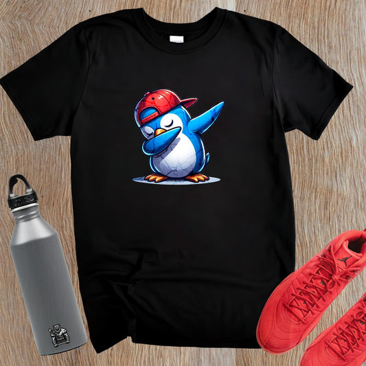 Alt text: "Vibrant gym T-shirt featuring a playful penguin wearing a cap, perfect for fitness enthusiasts who value comfort and style."