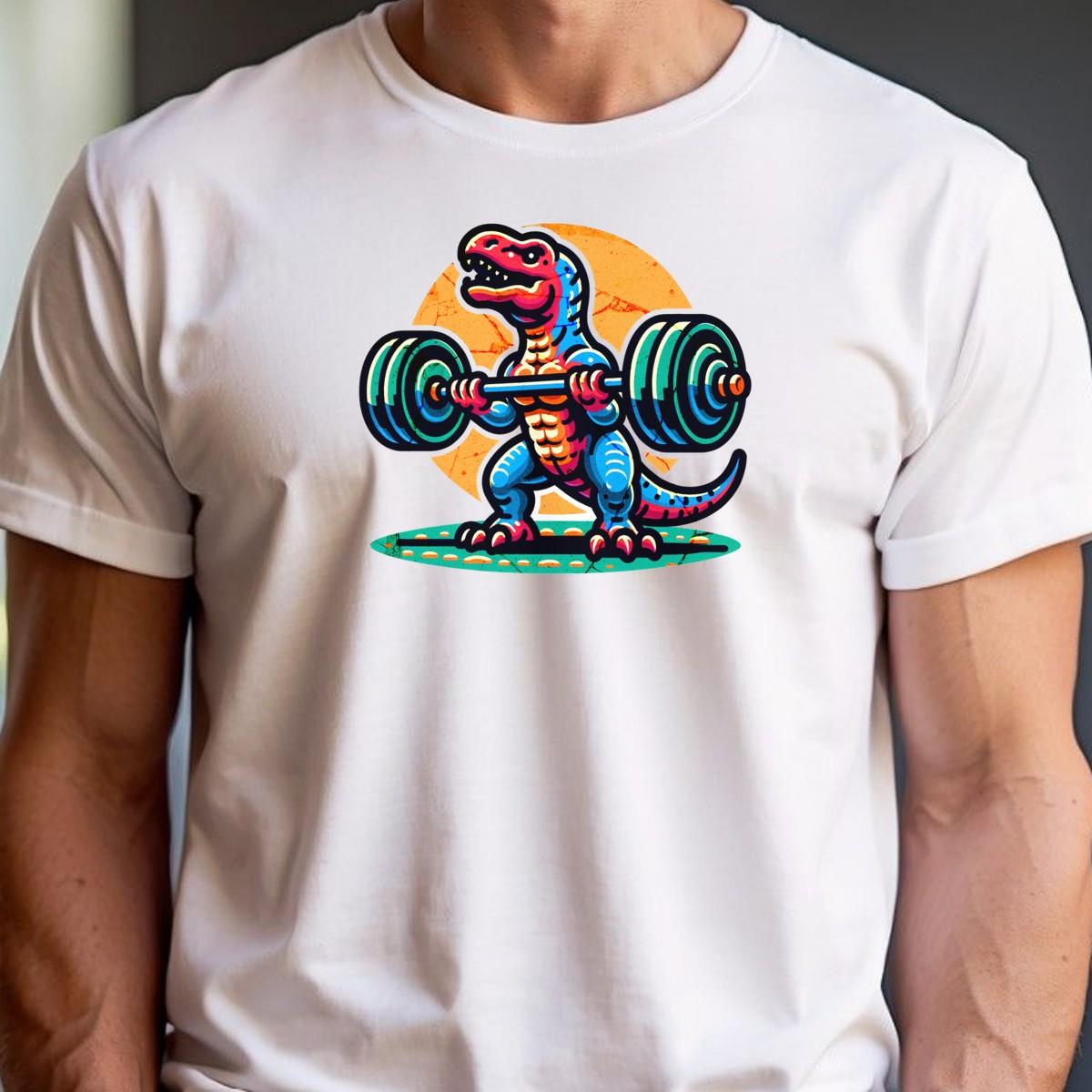 "Fierce dinosaur gym T-shirt featuring a vibrant dinosaur lifting weights, perfect for fitness enthusiasts who want to stand out."