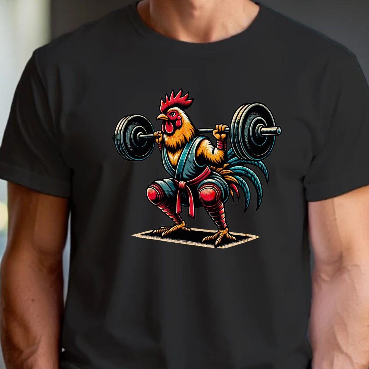 "Colorful gym T-shirt featuring a fierce rooster lifting weights, blending humor and motivation for fitness enthusiasts. 'Squat Like a Chicken' design adds playful flair to workout wear, perfect for workouts or casual outings."