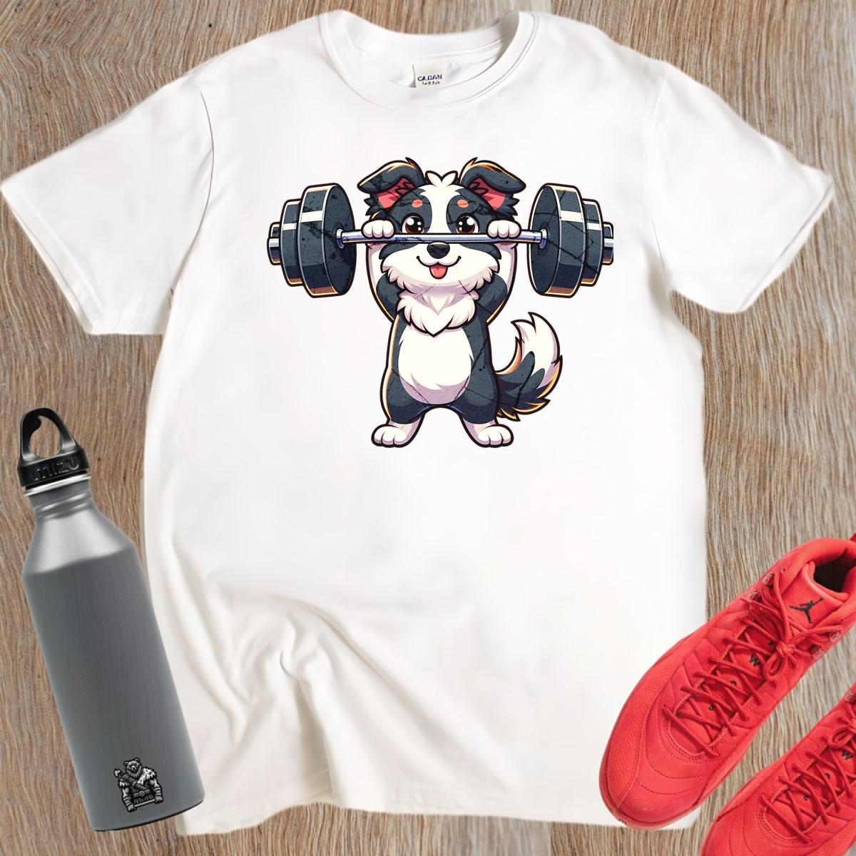 "Playful gym T-shirt featuring a cute lifting puppy graphic, ideal for fitness enthusiasts. Fun design for workouts and casual wear."