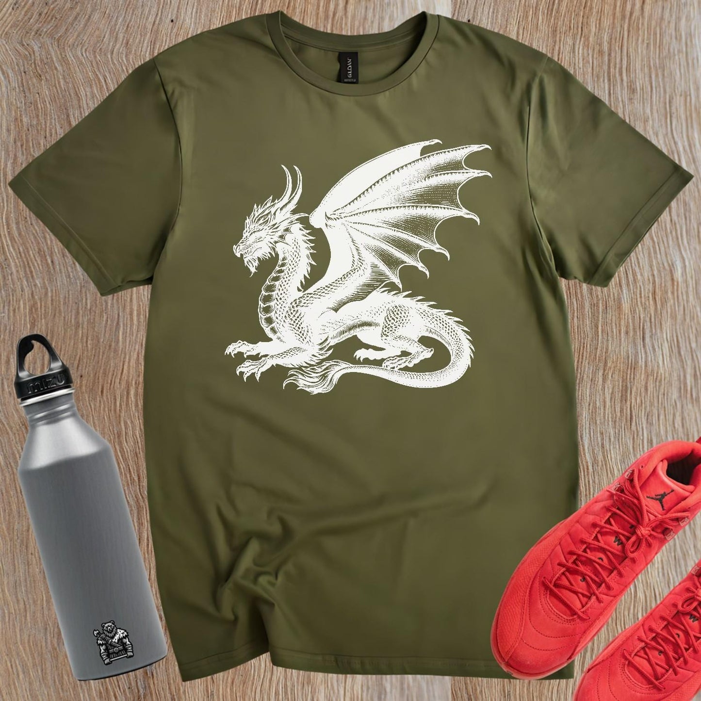 "Epic dragon design T-shirt featuring a fierce graphic, perfect for gym enthusiasts and casual wear, showcasing strength and determination."