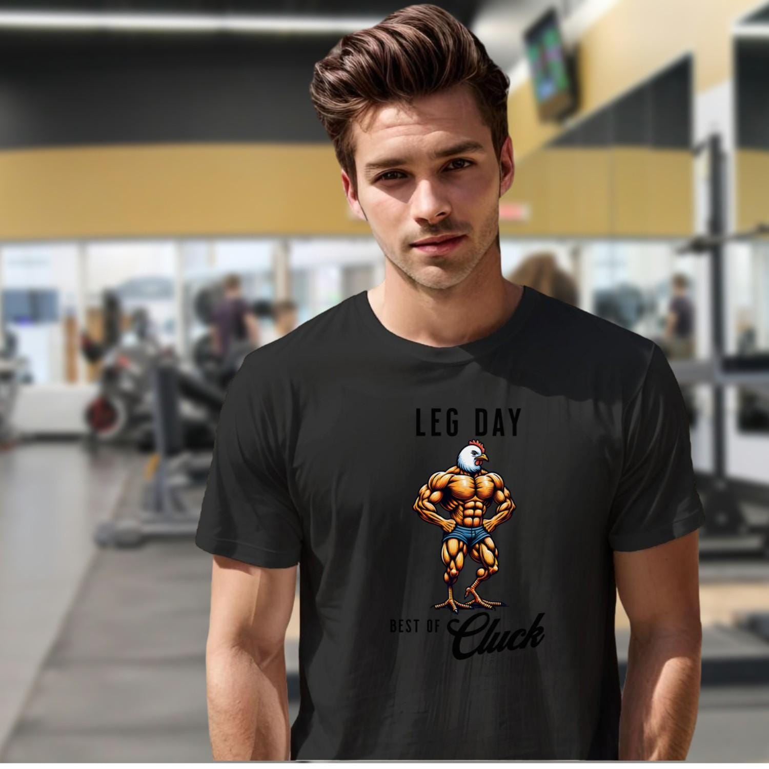 Muscular chicken graphic gym T-shirt, perfect for fitness enthusiasts. Bold design motivates workouts and stands out in the gym.