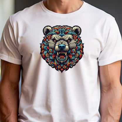 Alt text: "Intricately detailed Bear Emblem graphic on a bold gym T-shirt, symbolizing strength and determination for fitness enthusiasts."