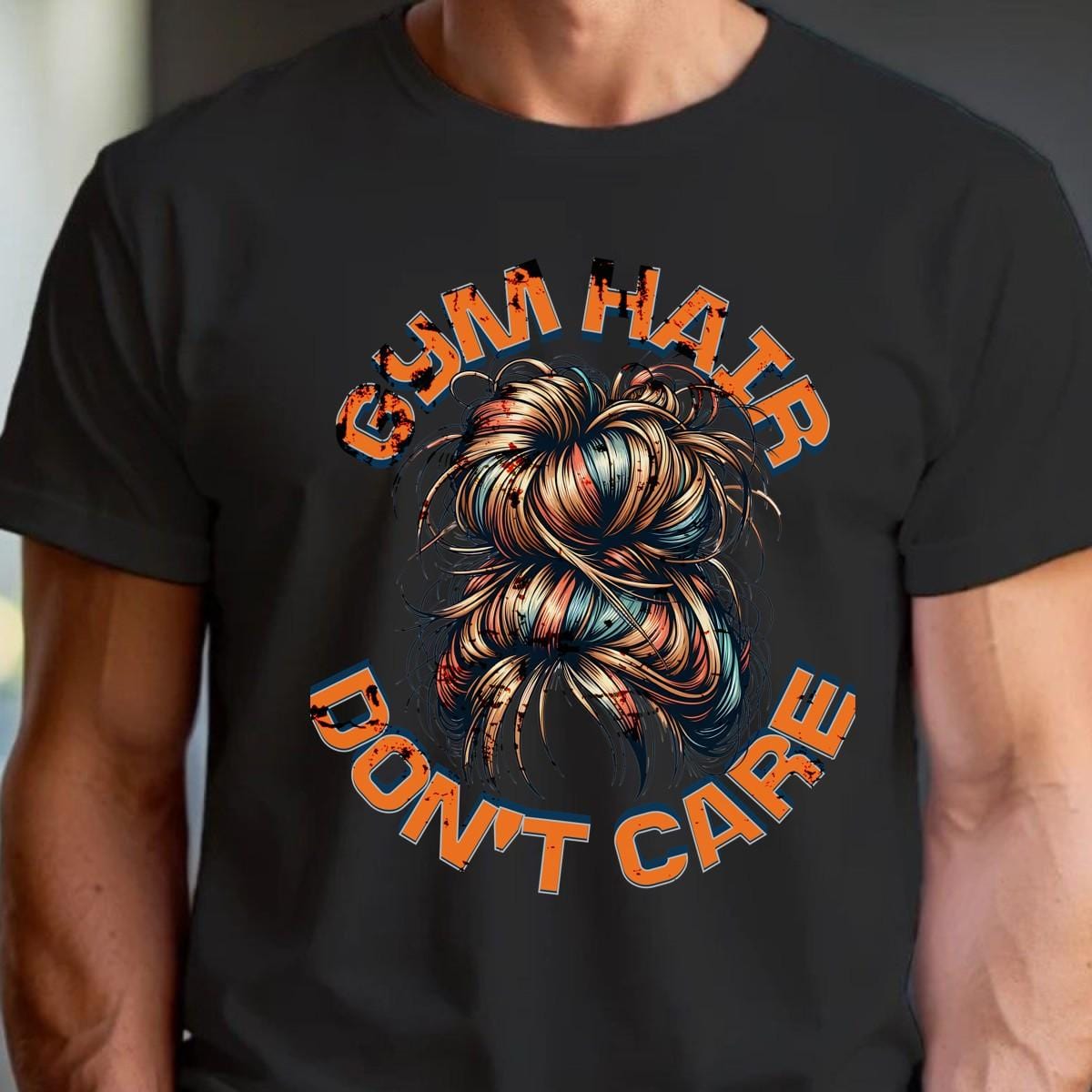 "Stylish gym T-shirt showcasing 'Gym Hair Don't Care' slogan, perfect for fitness enthusiasts. Eye-catching design for workouts."