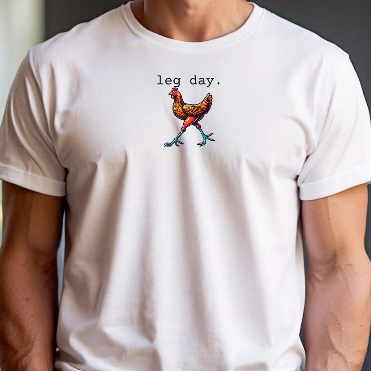 "Vibrant 'Leg Day' gym T-shirt featuring a playful chicken design, perfect for fitness enthusiasts seeking motivation and style."