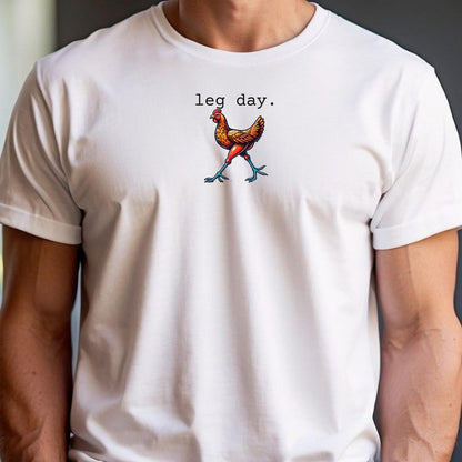 "Vibrant 'Leg Day' gym T-shirt featuring a playful chicken design, perfect for fitness enthusiasts seeking motivation and style."