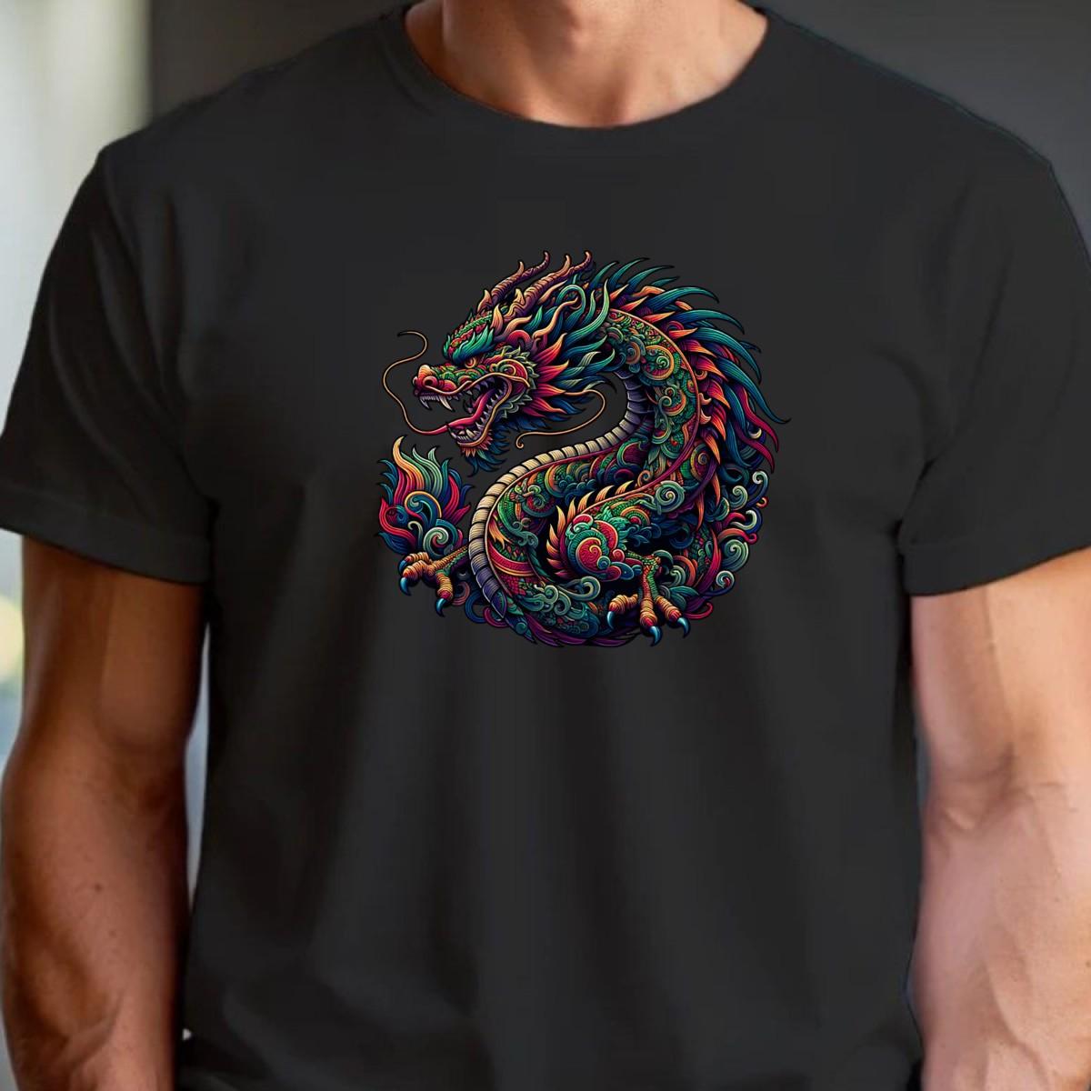 Alt text: "Fierce dragon graphic T-shirt for gym enthusiasts, featuring vibrant colors and intricate details, perfect for workouts and lifting."
