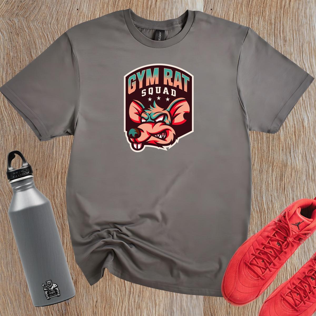 "Bold Gym Rat Squad T-shirt design featuring fierce graphics for fitness enthusiasts, perfect for weightlifting and cardio workouts."