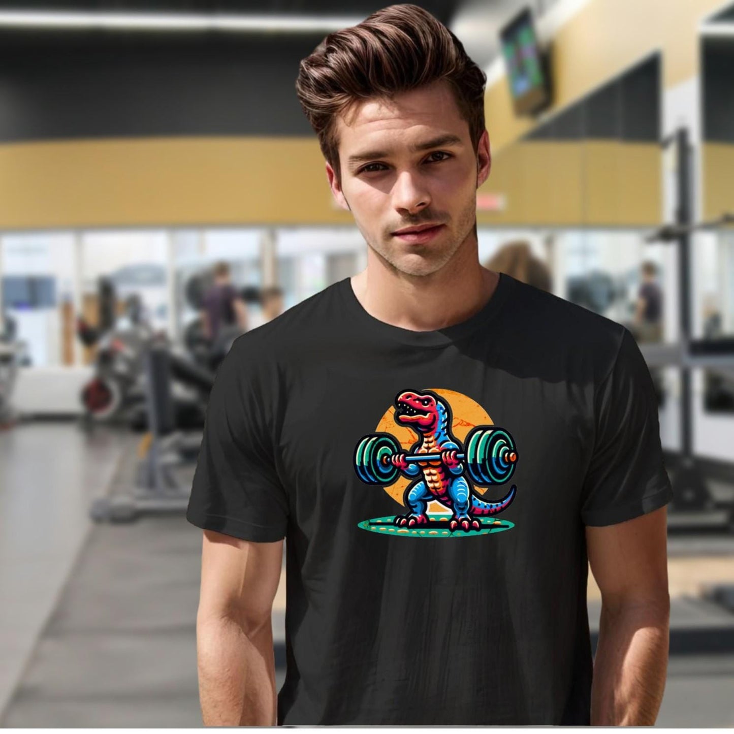 "Colorful gym T-shirt featuring a cartoon dinosaur lifting weights, perfect for fitness lovers seeking motivation and fun in workouts."