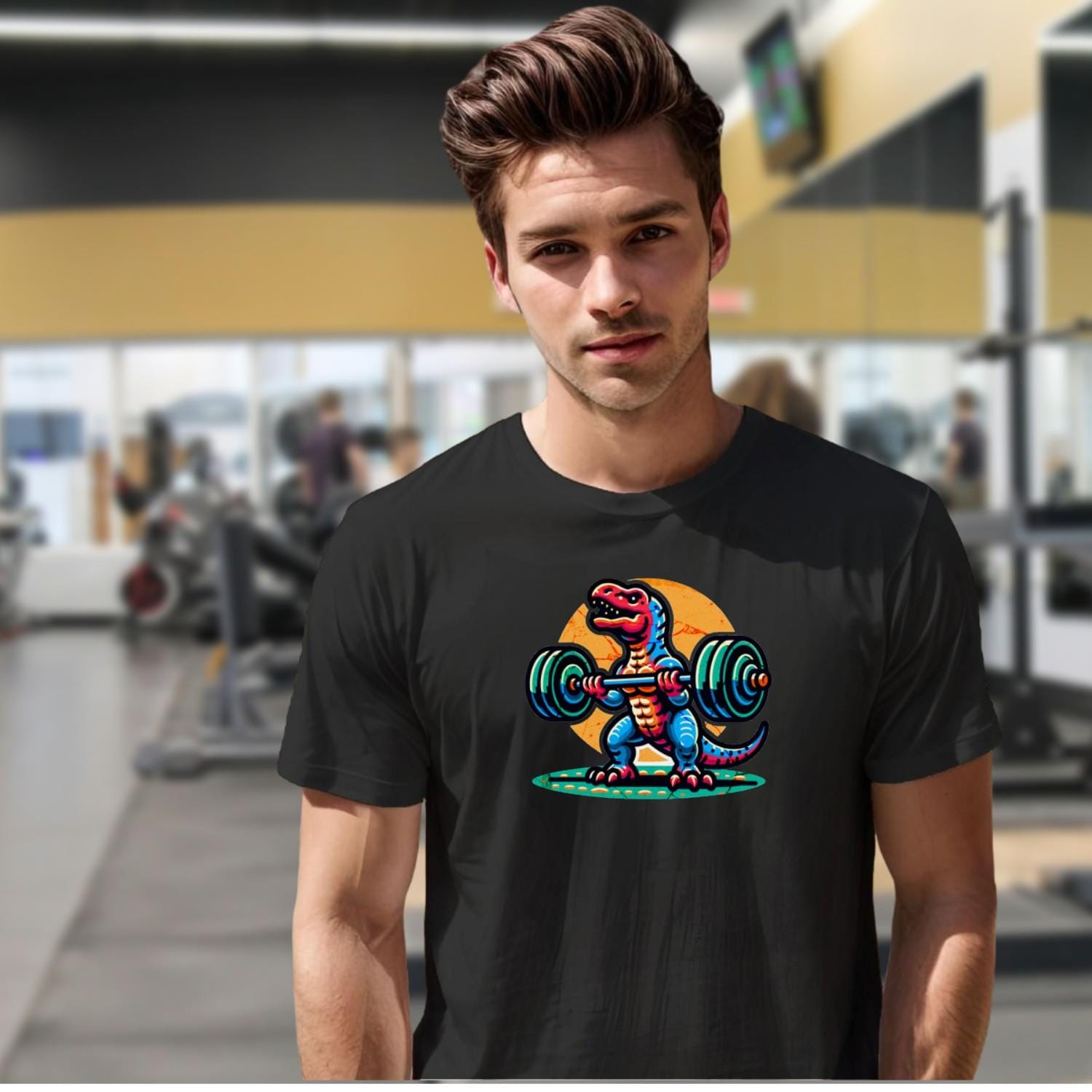 "Colorful gym T-shirt featuring a cartoon dinosaur lifting weights, perfect for fitness lovers seeking motivation and fun in workouts."