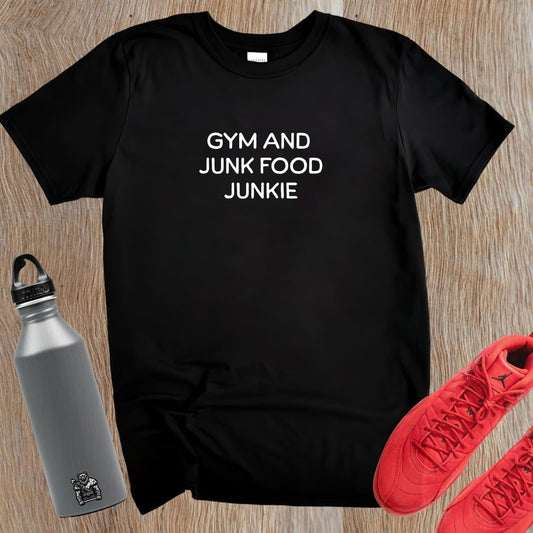 "Bold 'Gym and Junk Food Junkie' T-shirt design; perfect for fitness lovers embracing the balance of workouts and indulgence."