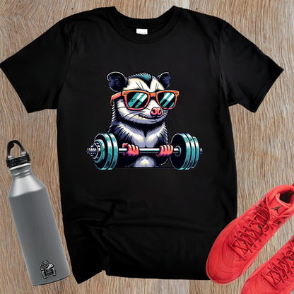 "Vibrant gym T-shirt featuring a playful fitness critter design, perfect for motivating athletes and adding style to workout attire."