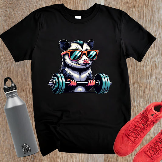 "Vibrant gym T-shirt featuring a playful fitness critter design, perfect for motivating athletes and adding style to workout attire."