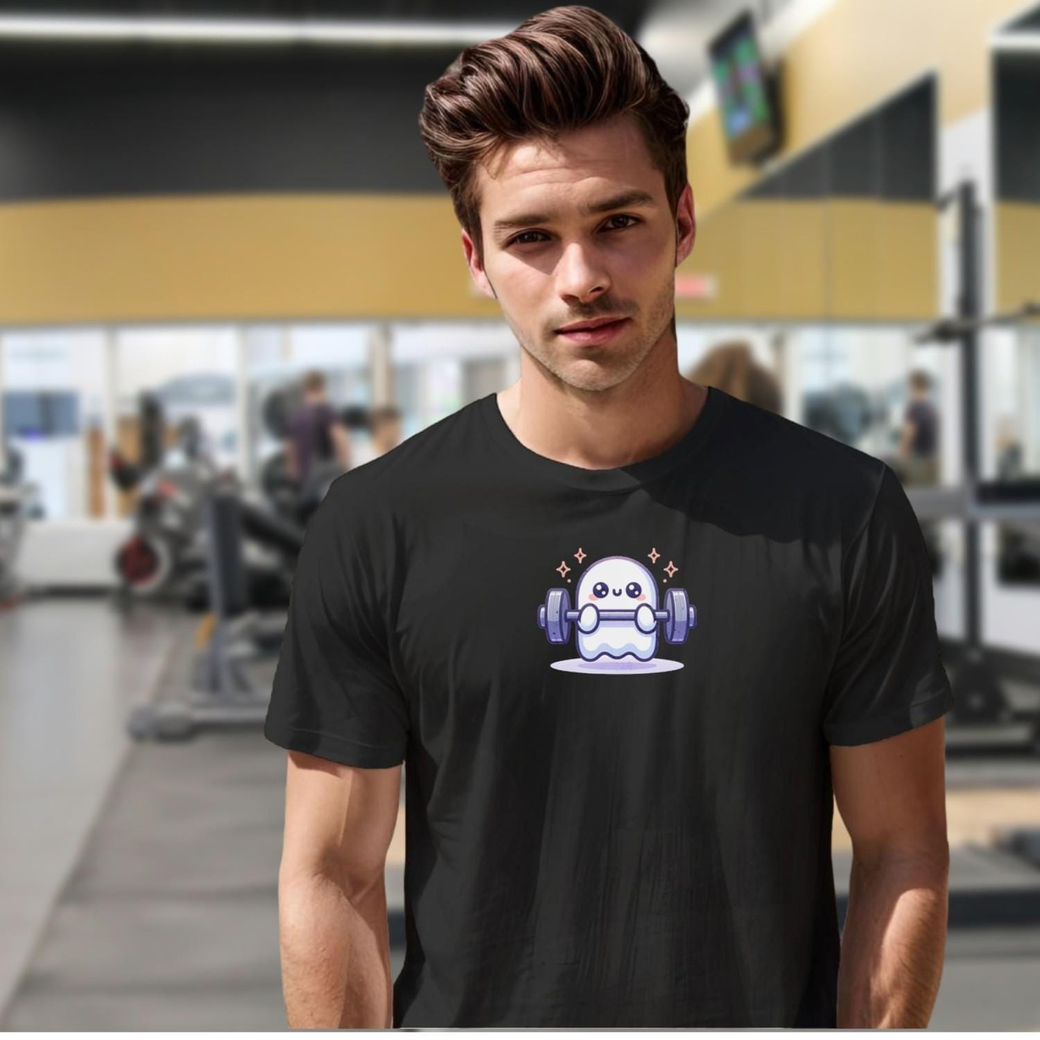 "Playful ghost lifting weights design on gym T-shirt, blending fitness motivation with whimsical charm for workout and casual wear."