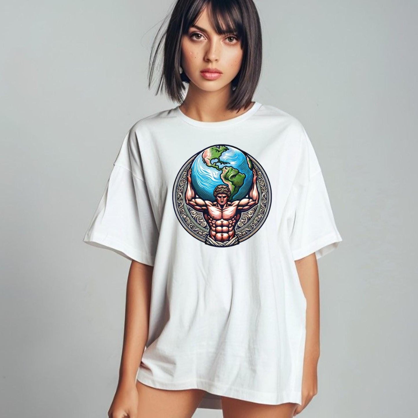 "Dynamic gym T-shirt featuring a powerful figure holding the world, symbolizing strength and resilience for fitness enthusiasts."