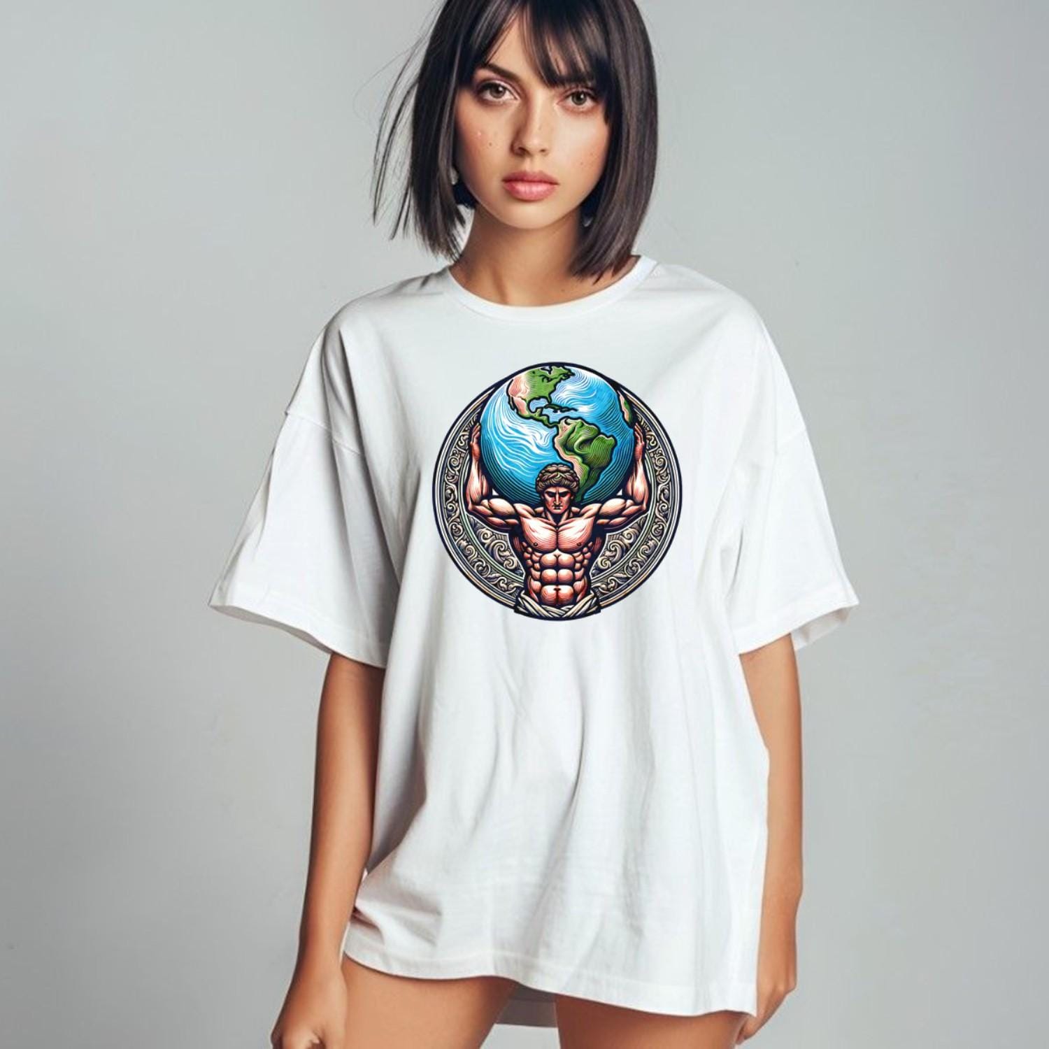 "Dynamic gym T-shirt featuring a powerful figure holding the world, symbolizing strength and resilience for fitness enthusiasts."