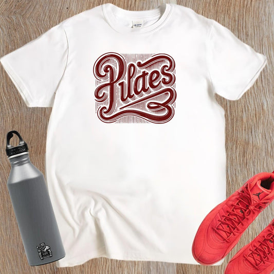 Alt text: "Stylish Pilates T-shirt featuring a bold, intricate graphic embodying wellness and discipline, perfect for fitness enthusiasts."