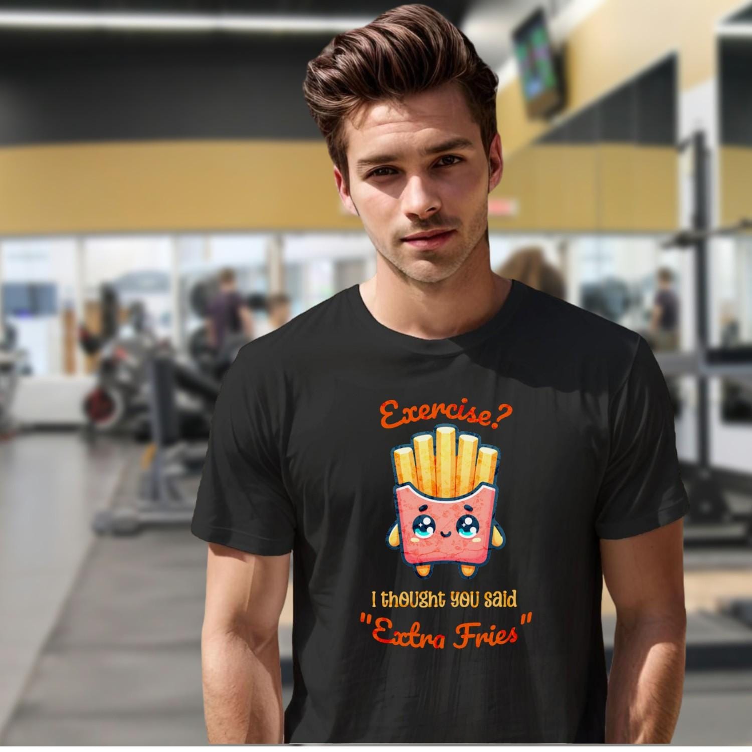 Alt text: "Humorous gym T-shirt featuring the phrase 'Exercise? I thought you said Extra Fries' in playful typography. Ideal for fitness lovers."