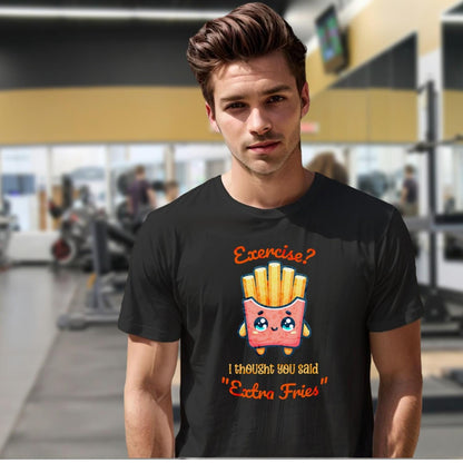 Alt text: "Humorous gym T-shirt featuring the phrase 'Exercise? I thought you said Extra Fries' in playful typography. Ideal for fitness lovers."