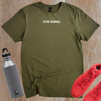 "Bold 'Gym Junkie' T-shirt featuring stylish typography, perfect for fitness enthusiasts. Ideal for workouts or casual outings."