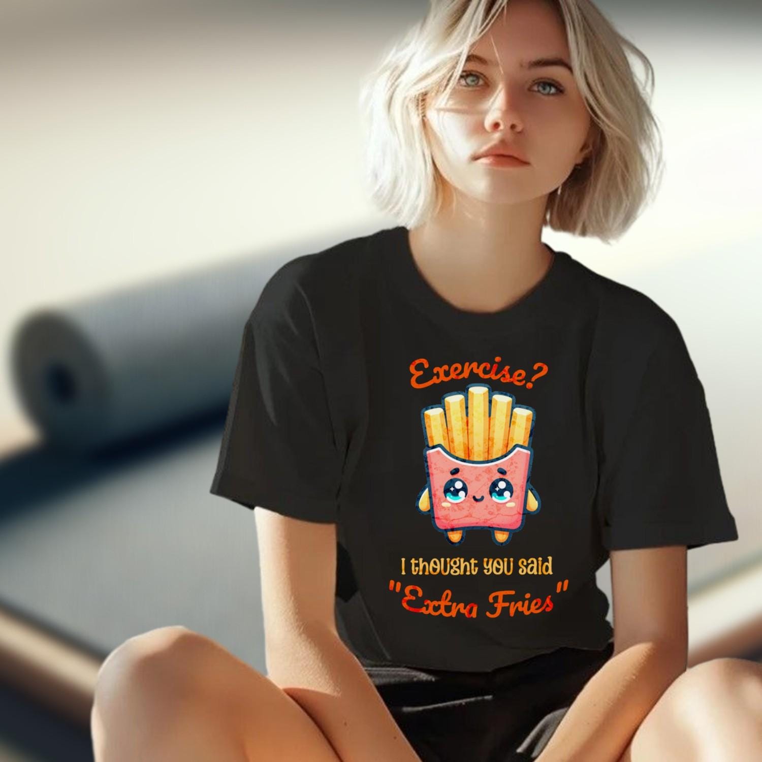 Alt text: "Humorous gym T-shirt featuring the phrase 'Exercise? I thought you said Extra Fries' in playful typography. Ideal for fitness lovers."
