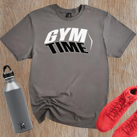 "Bold 'GYM TIME' graphic T-shirt for athletes, showcasing a motivational design ideal for workouts, casual wear, or lounging."