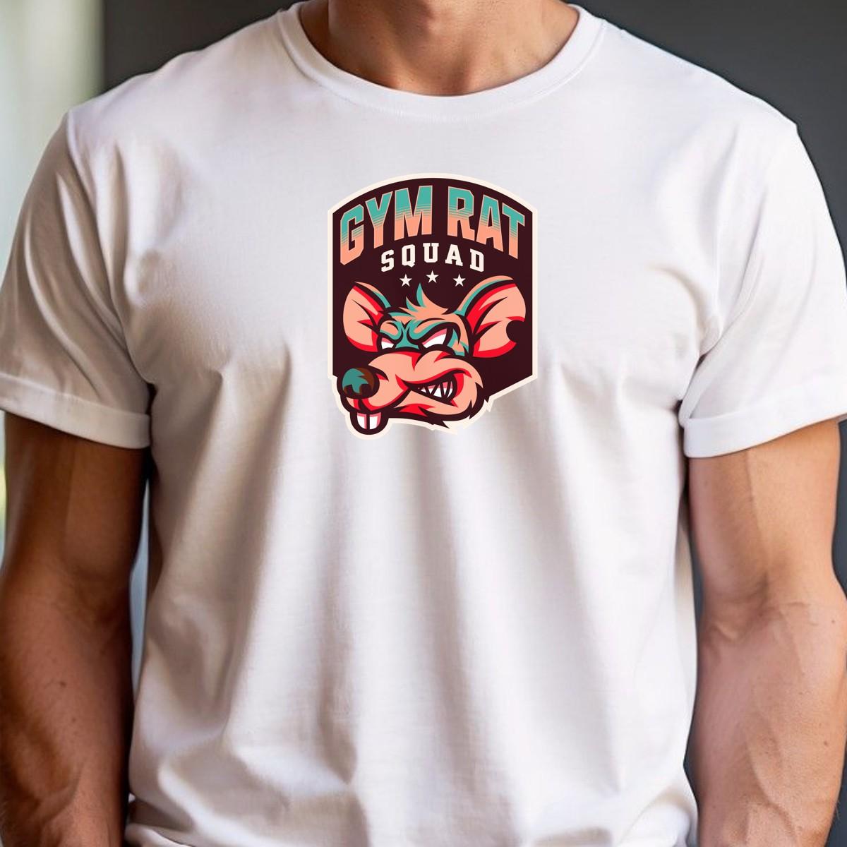 Alt text: "Bold Gym Rat Squad T-shirt featuring a fierce graphic design showcasing strength and determination, perfect for fitness enthusiasts."