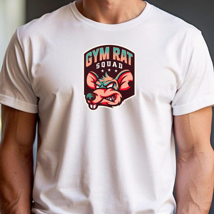 Alt text: "Bold Gym Rat Squad T-shirt featuring a fierce graphic design showcasing strength and determination, perfect for fitness enthusiasts."