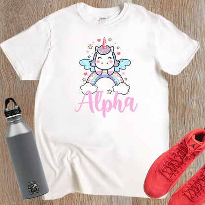 "Colorful Alpha T-shirt featuring a cute unicorn, rainbows, and sparkling stars, perfect for gym workouts and showcasing individuality."