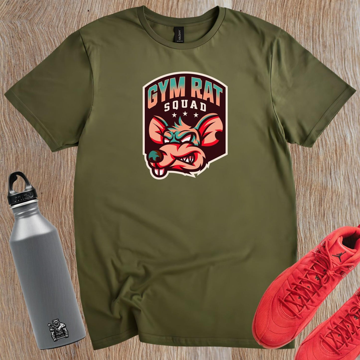 "Bold Gym Rat Squad T-shirt design featuring fierce graphics for fitness enthusiasts, perfect for weightlifting and cardio workouts."