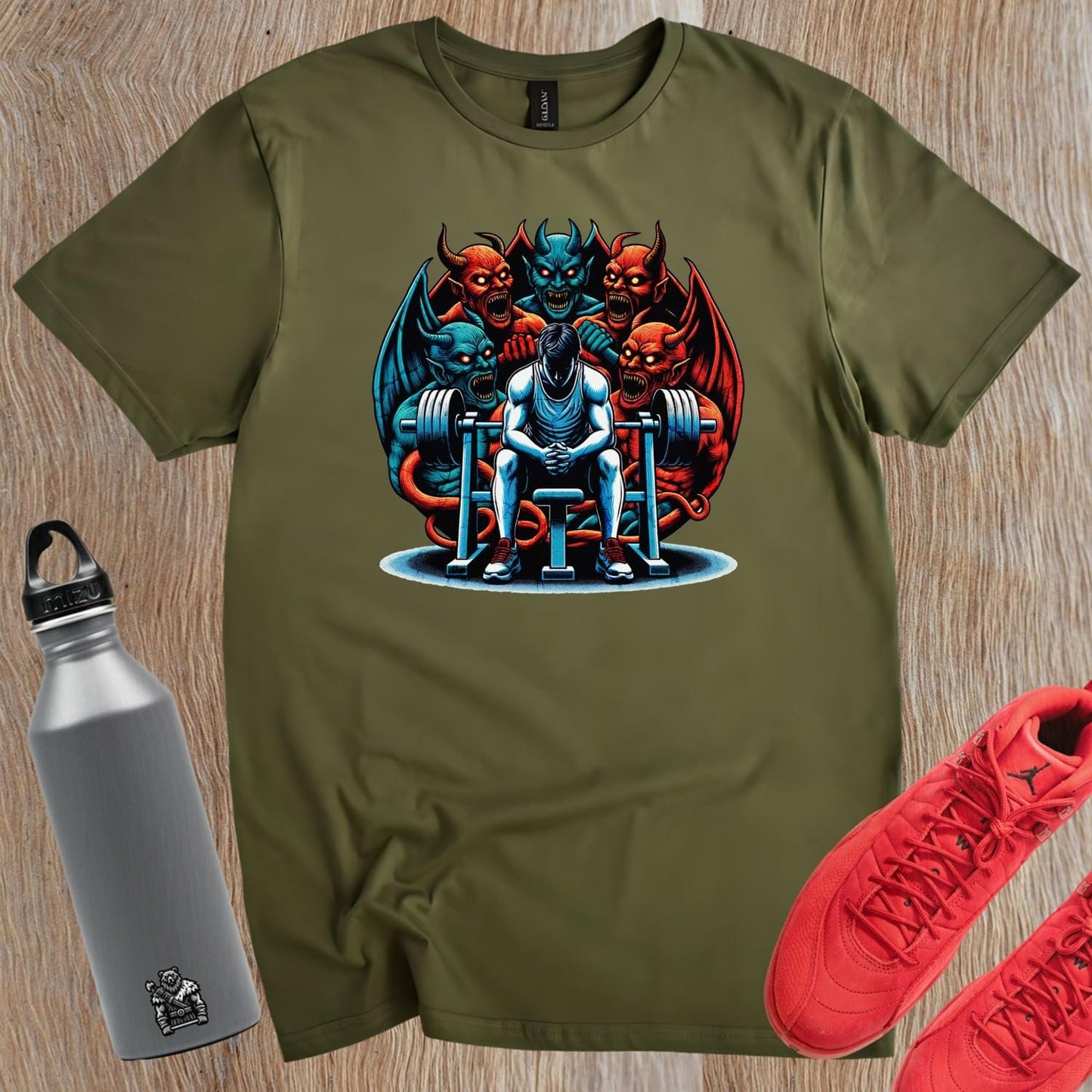 Alt text: "Bold gym T-shirt featuring a striking design that embodies strength and perseverance, perfect for fitness enthusiasts to inspire workouts."