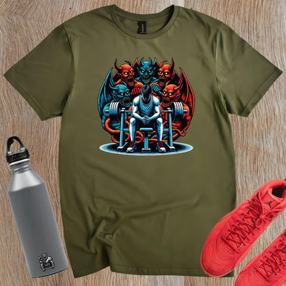 Alt text: "Bold gym T-shirt featuring a striking design that embodies strength and perseverance, perfect for fitness enthusiasts to inspire workouts."