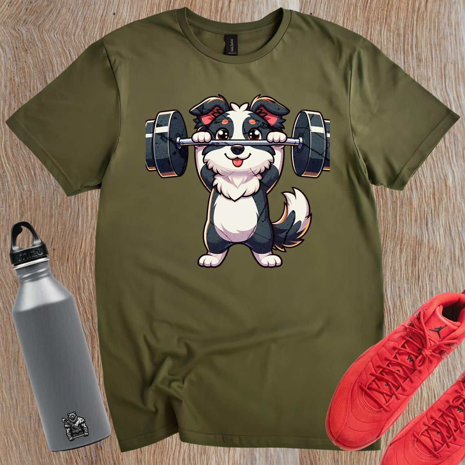 "Playful gym T-shirt with a cute pup lifting weights, vibrant design for fitness lovers, perfect for workouts and casual outings."