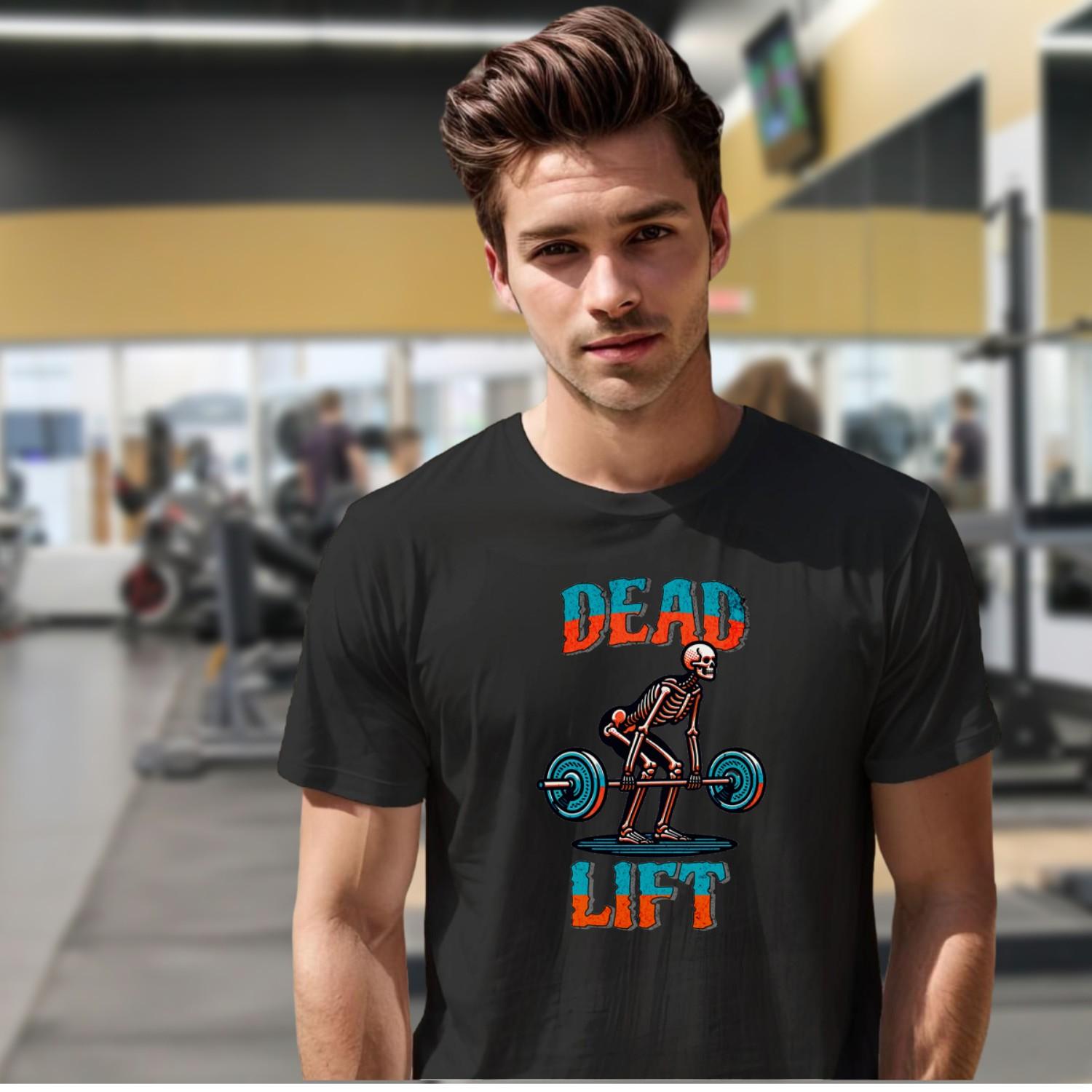 "Black 'Dead Lift' T-shirt featuring a bold skeleton graphic, ideal for fitness enthusiasts, showcasing passion for weightlifting."