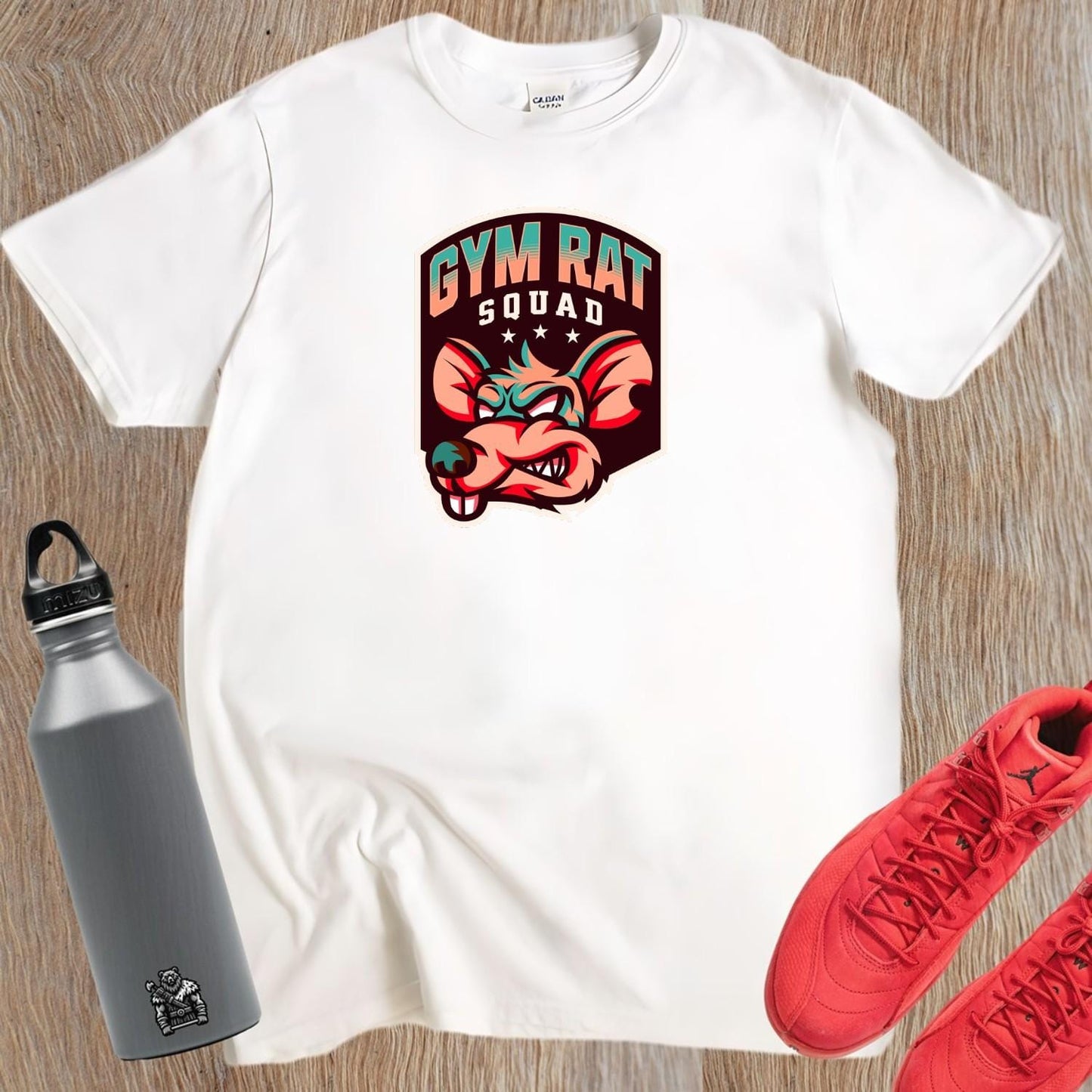 Alt text: "Bold Gym Rat Squad T-shirt featuring a fierce graphic design showcasing strength and determination, perfect for fitness enthusiasts."