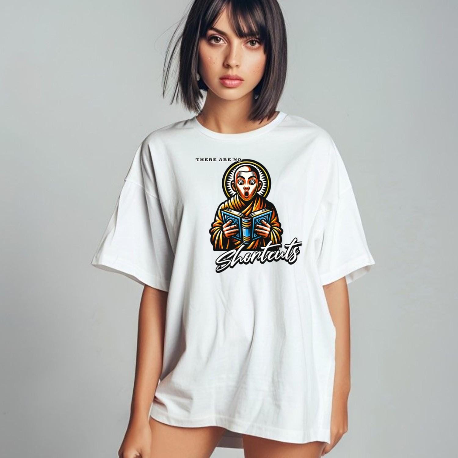 "Bold 'There Are No Shortcuts' gym T-shirt featuring motivational design, perfect for workouts and casual wear, celebrating fitness dedication."
