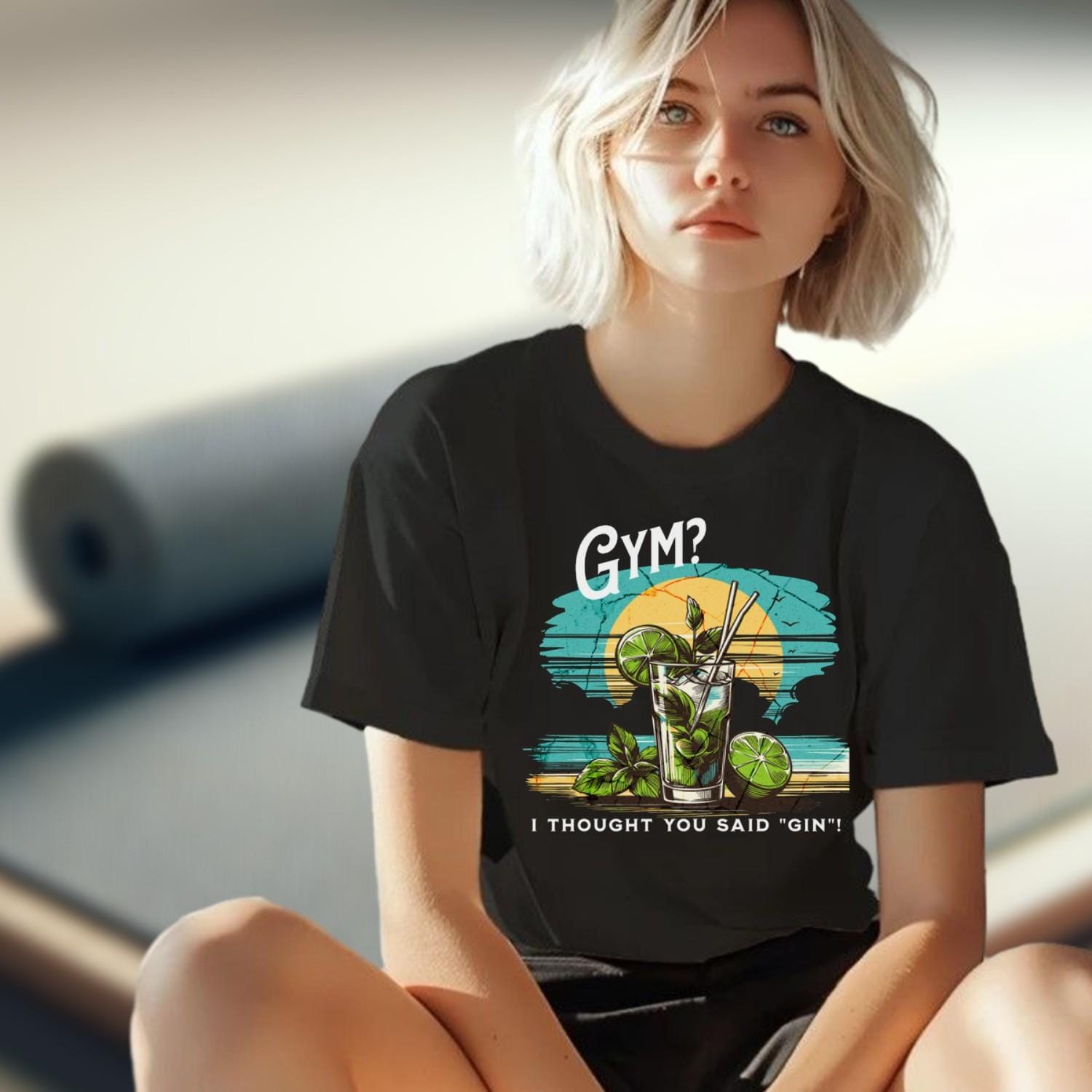 "Vibrant gym T-shirt featuring a colorful cocktail design with the playful phrase 'I thought you said “gin”!' Ideal for fitness lovers."