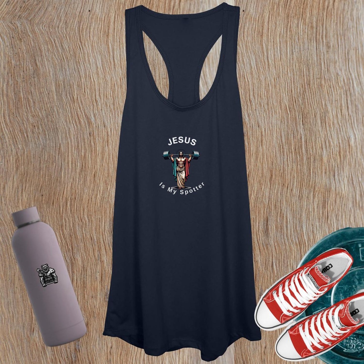 Alt text: "Women's tank top featuring 'Jesus Is My Spotter' design, perfect for gym workouts, yoga, and fitness enthusiasts. Stylish and motivational."